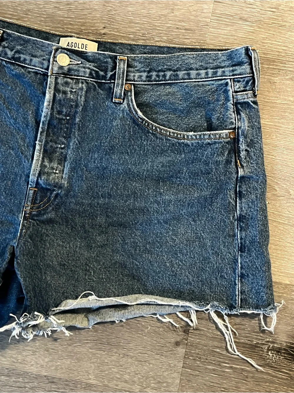 AGOLDE Blue Parker Long Denim Shorts Size 34 Raw Hem Distressed Organic Cotton